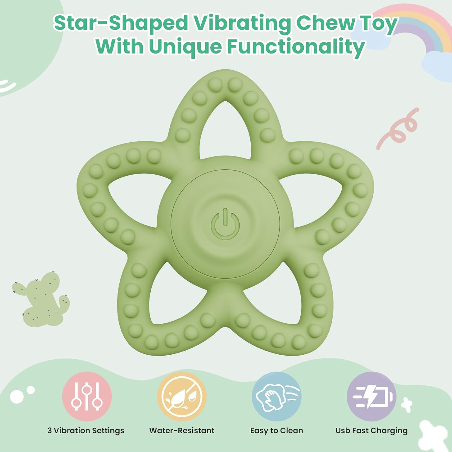Star-Shaped Vibrating Teether for Baby & Sensory Chew Toys for Autistic Children, Toddler Travel Essential, Food-Grade Silicone, 3X Vibration Settings